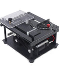 Compact Mini Sliding Table Saw Built Tough For Wood Metal Plastic Cutting With Smooth 0 To 90 Degree Angle Tilt and compact footprint.