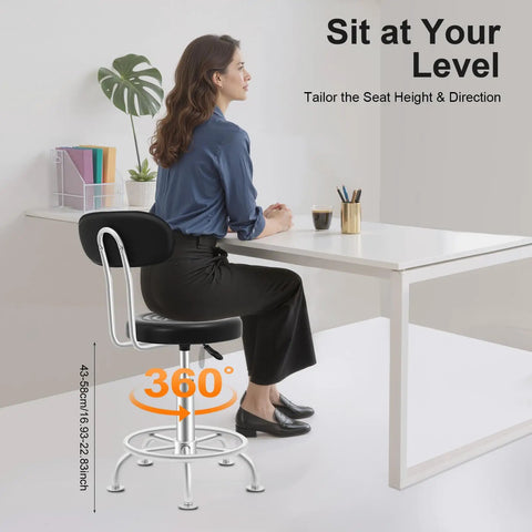 Person using Round Black Hydraulic Swivel Shop Stool With Backrest at desk, showing adjustable height and 360-degree swivel functionality.