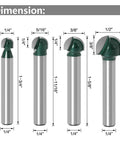 Four Piece 1/4 Inch Shank Round Nose Core Box Router Bits Set For CNC Sign Making And Woodworking, dimensions shown