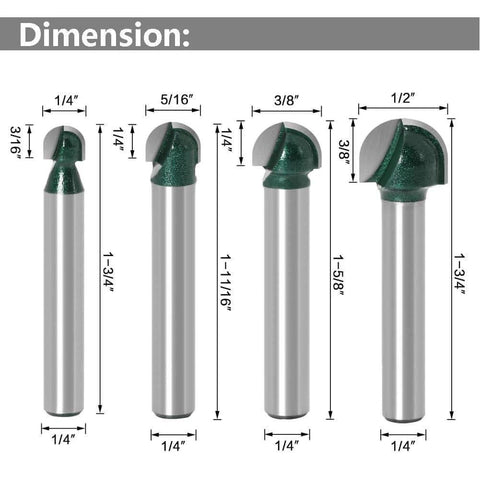 Four Piece 1/4 Inch Shank Round Nose Core Box Router Bits Set For CNC Sign Making And Woodworking, dimensions shown