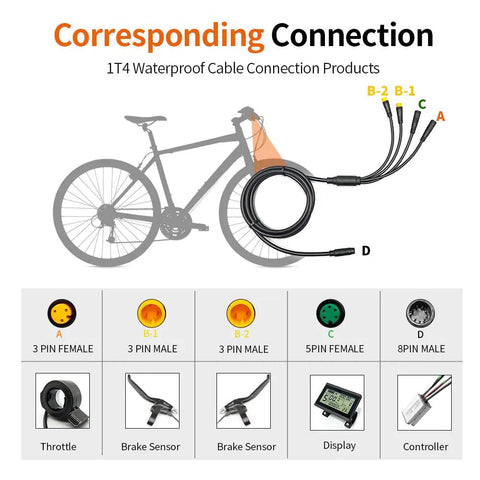 Waterproof Eight Pin 1T4 Electric Bike Cable Controller Kit diagram with plug connections and labeled components