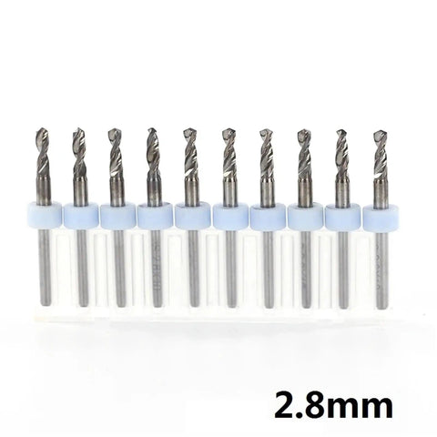 Pro Grade Printed Circuit Board Drill Bit Set, 10 piece twist bits from 2.1mm to 3.0mm, carbide mini drill bits for CNC machines, 2.8mm size shown