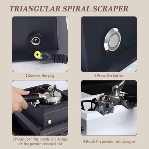 Image showing steps for using Killer Electric 150 Watt 58mm Coffee Puck Knock Box with Dual Brush Heads for cleaning.