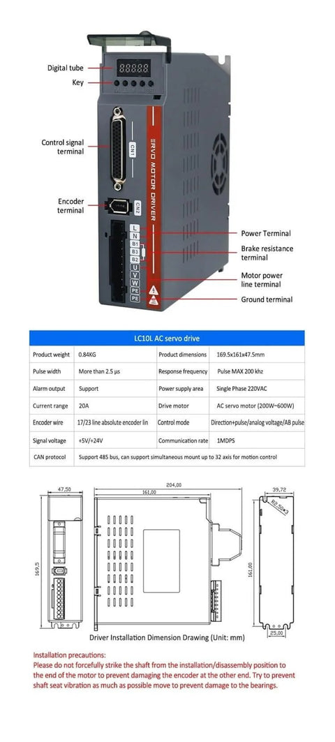 Diagram of A-5 200W 400W 600W Servo Motor With Drive Pack Heavy Duty Industrial Servo System specifications and installation instructions.