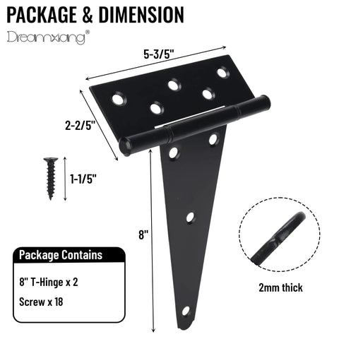 8 Inch T Strap Gate Hinges Heavy Duty For Shed Barn Door Black Tee Hinges For Wooden Fence Yard Gate Wrought Iron Rustproof 2 Pack Durable Weather Resistant Build, 8-inch black steel hinge with screws