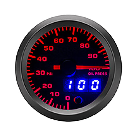 Front view of 2-1/16 inch (52 mm) oil pressure gauge kit with red dial and blue LED digital readout