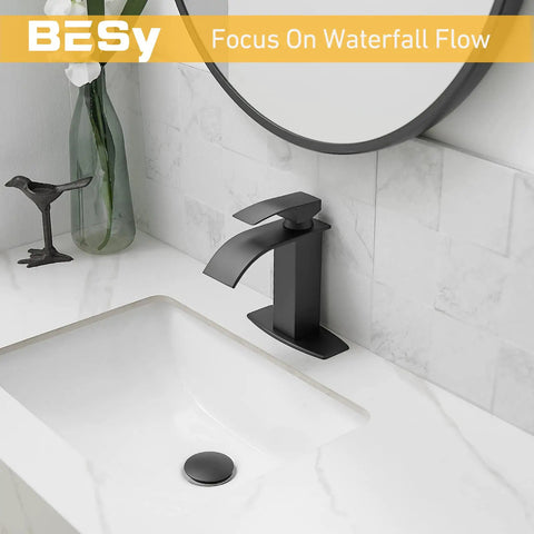 Matte Black Waterfall Bathroom Faucet With Pop Up Drain, Vanity Sink Faucet For One Hole Or Three Hole Install, 6 Inch Deck Plate Included
