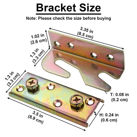 Bed Rail Brackets For Wooden Beds Heavy Duty Non Mortise Fittings Set Of 4 With Screws measuring 3.5 x 1.3 inches galvanized steel