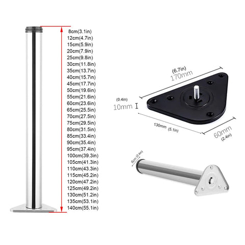 Beefy Adjustable Metal Furniture Legs Stainless Steel Table Legs And Cabinet Feet For Drawers Kitchen Sofas And Chairs With Custom Height And Screws 55.1 Inches, showing height measurements and base dimensions