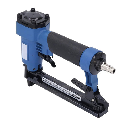 Kick Ass Heavy Duty Air Brad Nailer For Smooth Pneumatic Stapling With 22 Gauge Nails 4 To 16mm Range profile view with quick connect fitting.