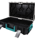 Heavy Duty Stackable Toolbox With Metal Clip And Easy Grip Top Handle For Modular Workshop Rig and Clutter Free Job Site Storage And Professional Grade Tool Case Built For Daily Grind Hustle, opened with interior storage.