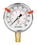 Front view of SCTSNSR glycerin-filled pressure gauge, 2.5 in dial, 0–100 psi, stainless steel case, NPT lower mount
