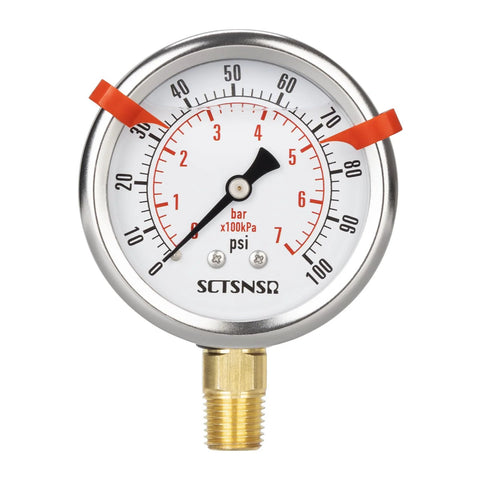 Front view of SCTSNSR glycerin-filled pressure gauge, 2.5 in dial, 0–100 psi, stainless steel case, NPT lower mount