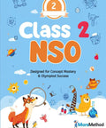 Cover of visual study guide, Class 2 NSO, featuring a fox and bear, for kids prepping for science Olympiad.