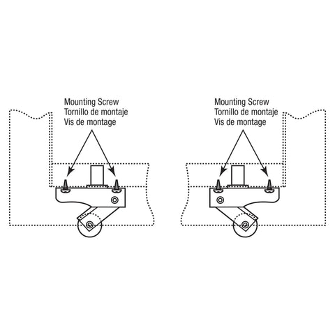 Diagram of Nylon Screen Door Roller Set With Spring Loaded Arm showing mounting screws and 1-inch wheel for Bay Mills patio doors.