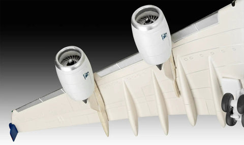 Close-up of engines and wing details on Beginner Friendly 1 to 288 Scale Airbus A380 Plastic Model Kit With Textured Surfaces and Engravings