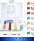 Smart Mini Blade Led Automotive Fuses 50 Piece Assortment Mix Kit Featuring Glowing Indicators in clear storage case with various amp ratings.