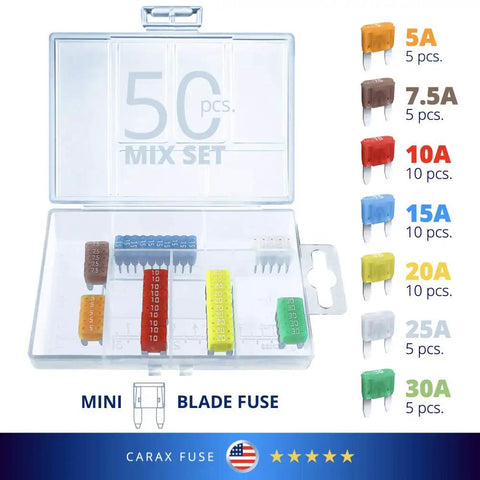 Smart Mini Blade Led Automotive Fuses 50 Piece Assortment Mix Kit Featuring Glowing Indicators in clear storage case with various amp ratings.