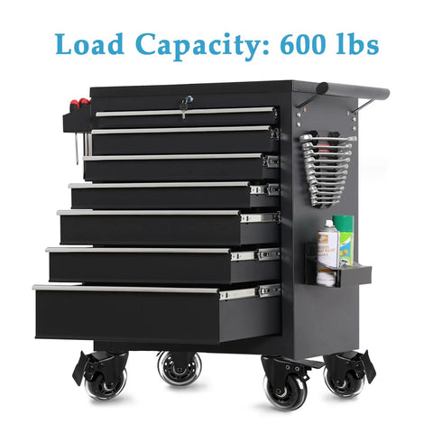 Black tool cart with drawers and side compartment, equipped with Three Inch Stem Caster Wheels With Safety Dual Locking And Heavy Duty Threaded Stem Three Eighths By Sixteen Inches By One Point Five Inches, No Noise Swivel Rubber Castors With Sleeve For Industrial Furniture Projects And Moving Set Of Four.