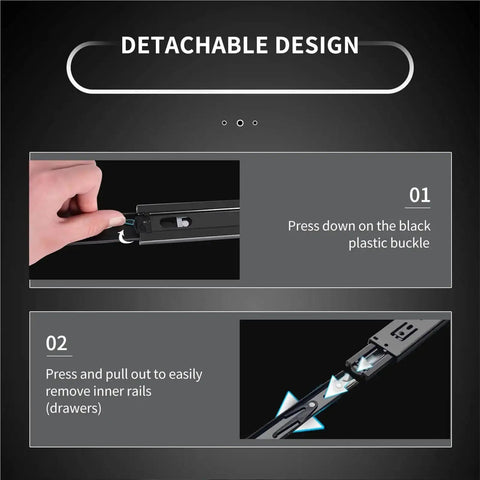 Instructions on detaching Full Extension Drawer Slides Side Mount 10 To 24 Inch Ball Bearing Metal Black Rails Track Guide Glides