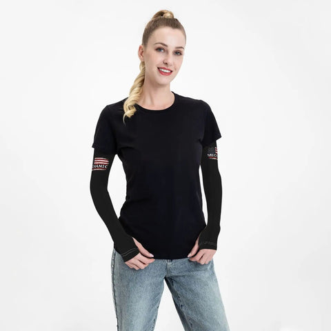 Premium Ice Silk Cooling Arm Sleeves Feature An Iconic American Flag Print worn by a woman in a black t-shirt.