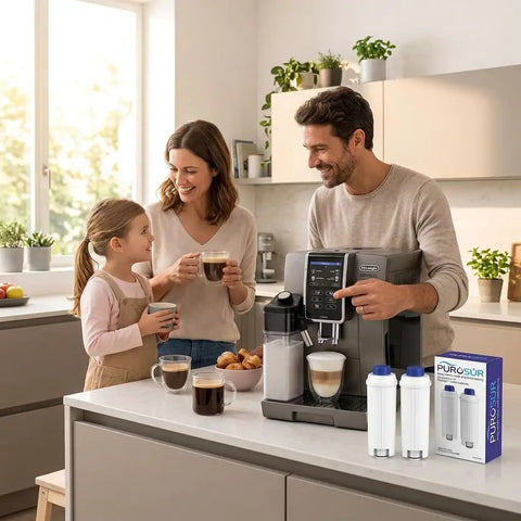 Family using espresso machine with Pack Of 2 Water Filters For Automatic Espresso Machines DeLonghi ECAM ETAM EC680 ESAM.