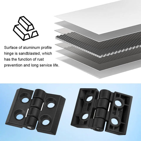 4 Pack Zinc Alloy Door Hinge Set For 2020 Aluminum Extrusion Profile 6mm Slot Black Frame Hinges Install Kit close-up, sandblasted finish