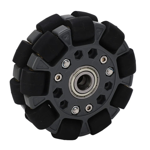 Robot omniwheel tire, 100 mm, black rubber tread blocks on gray hub with bearing