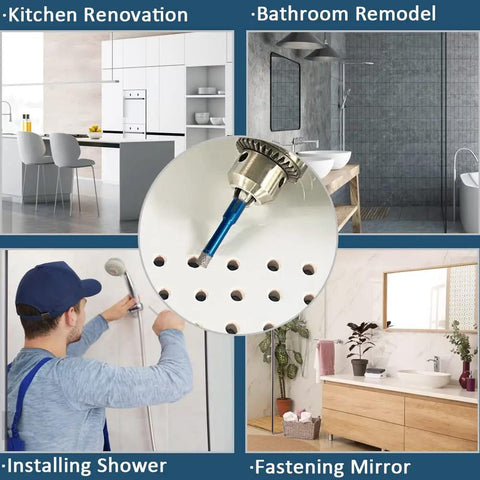 Tile Hole Saw Kit With Triangle Shank Diamond Drill Bits Set For Porcelain Tile Ceramic Marble Brick Granite Stone Includes 6mm 8mm 10mm 25mm 35mm 38mm 50mm 65mm Sizes Plus 35mm Beveling Chamfer Cone Tile Bit And Five Eighth Inch Eleven Thread Adapter in home renovation settings