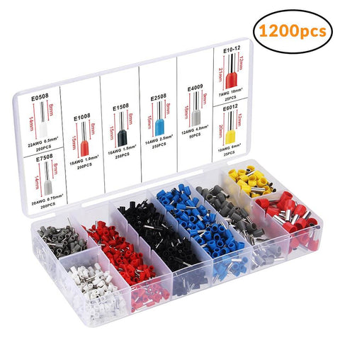 Open box of 1200 insulated terminals from the Ferrule Crimping Tool Kit With 1200 Insulated Terminals, Self Adjusting Ratchet Crimp Tool