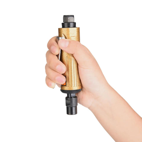 Hand holding Rock Solid Metal Straight Shank Pneumatic Air Die Grinder, showcasing its compact design and lightweight frame.