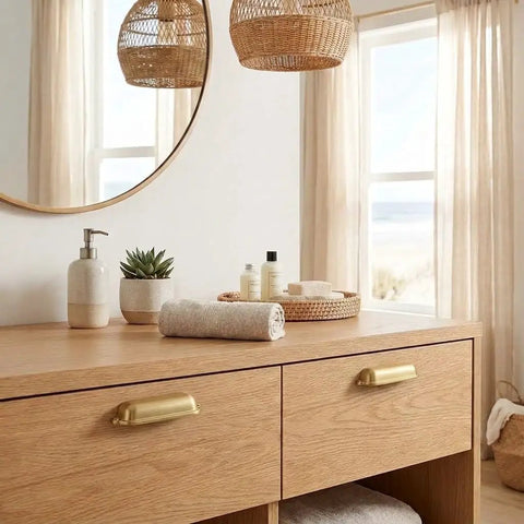 Ten Pack Gold Cup Pulls Three Inch Center To Center Cabinet And Drawer Handles For Kitchen Hardware featuring a brushed gold finish on drawers.