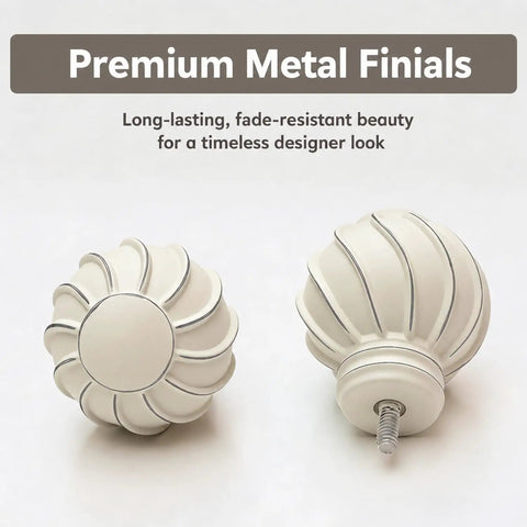 Antique rustic vintage industrial finials for extra long white curtain rod, close-up view.