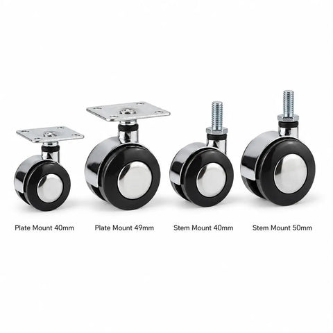 Four Pack Alloy Heavy-Duty Swivel Caster Wheels, 360 Degree Twin Wheel Casters with various mounting options.