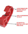 Universal Miniature Circuit Breaker Lockout Device For OSHA Compliant Lockout Tagout Programs, red plastic with toggle slot.