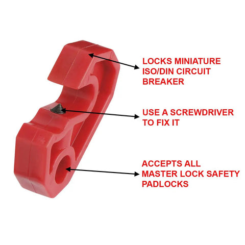 Universal Miniature Circuit Breaker Lockout Device For OSHA Compliant Lockout Tagout Programs, red plastic with toggle slot.