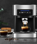 Professional Grade Semi Automatic Espresso Maker Featuring A Built In Conical Burr Grinder And High Pressure Steam Wand creating espresso with rich crema.