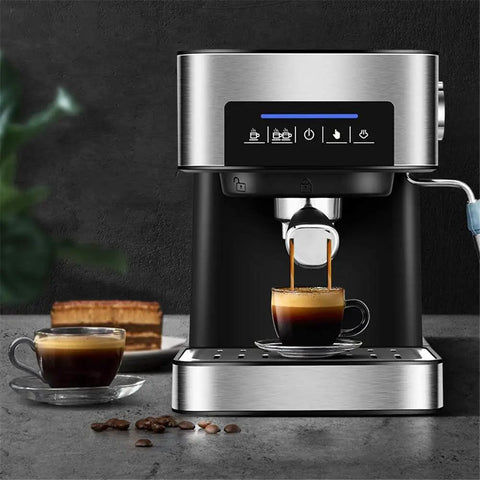 Professional Grade Semi Automatic Espresso Maker Featuring A Built In Conical Burr Grinder And High Pressure Steam Wand creating espresso with rich crema.