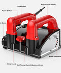 Heavy Duty Electric Wall Planer To Kick Back Dust, showcasing dual handles, power switch, depth adjustment knob, and side blade.