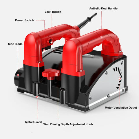 Heavy Duty Electric Wall Planer To Kick Back Dust, showcasing dual handles, power switch, depth adjustment knob, and side blade.