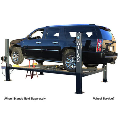 Top Shelf Four Post Vehicle Parking Lift With Massive Eight Thousand Pound Load Capacity and Heavy Duty Diamond Plate Runways For Your Weekend Wrencher Shop with SUV raised