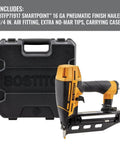 Finish Nail Gun 16 Gauge Pneumatic Nailer with carrying case and air fitting. Includes no-mar tips.