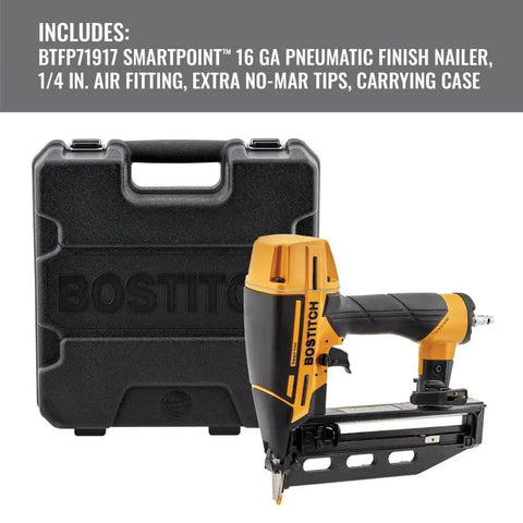 Finish Nail Gun 16 Gauge Pneumatic Nailer with carrying case and air fitting. Includes no-mar tips.