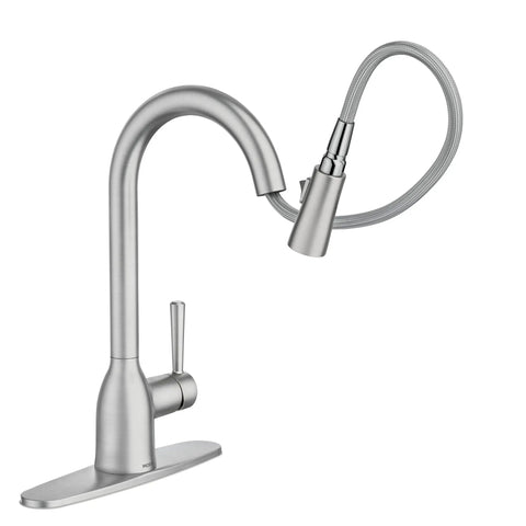 Adler Chrome One Handle Kitchen Faucet With Power Clean Spray and Smooth Reflex High Arc Pull Down Sprayer on white background