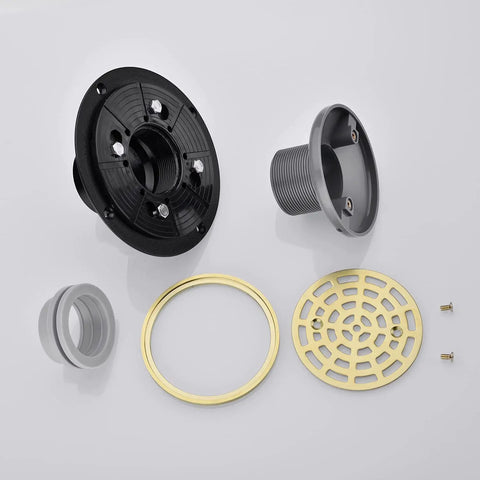4-1/4 Inch Shower Drain in Brushed Gold Stainless Steel With Removable Quadrato Grate Includes Drain Flange Kit High Flow 20-25 L/min