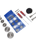 Forty Four Piece Cutting Wheel Set With Diamond Cutter Wheels And Circular Saw Blades For Rotary Tools shown with disc assortment and tools.