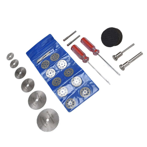 Forty Four Piece Cutting Wheel Set With Diamond Cutter Wheels And Circular Saw Blades For Rotary Tools shown with disc assortment and tools.