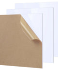 Front view of three white acrylic sheets, 8x8 in, 3 mm thick, with brown protective paper.