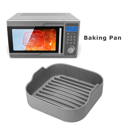 Air Fryer Silicone Pot 8.1 Inch Basket Pan With Dual Handles and Mitts Reusable Nonstick Liners for 6.5 Qt Square Air Fryers Grey