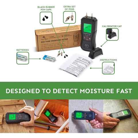Pin Type Wood Moisture Meter With Digital Dampness Sensor For Wood Firewood Brick Drywall Paper Floor Plaster shown with accessories